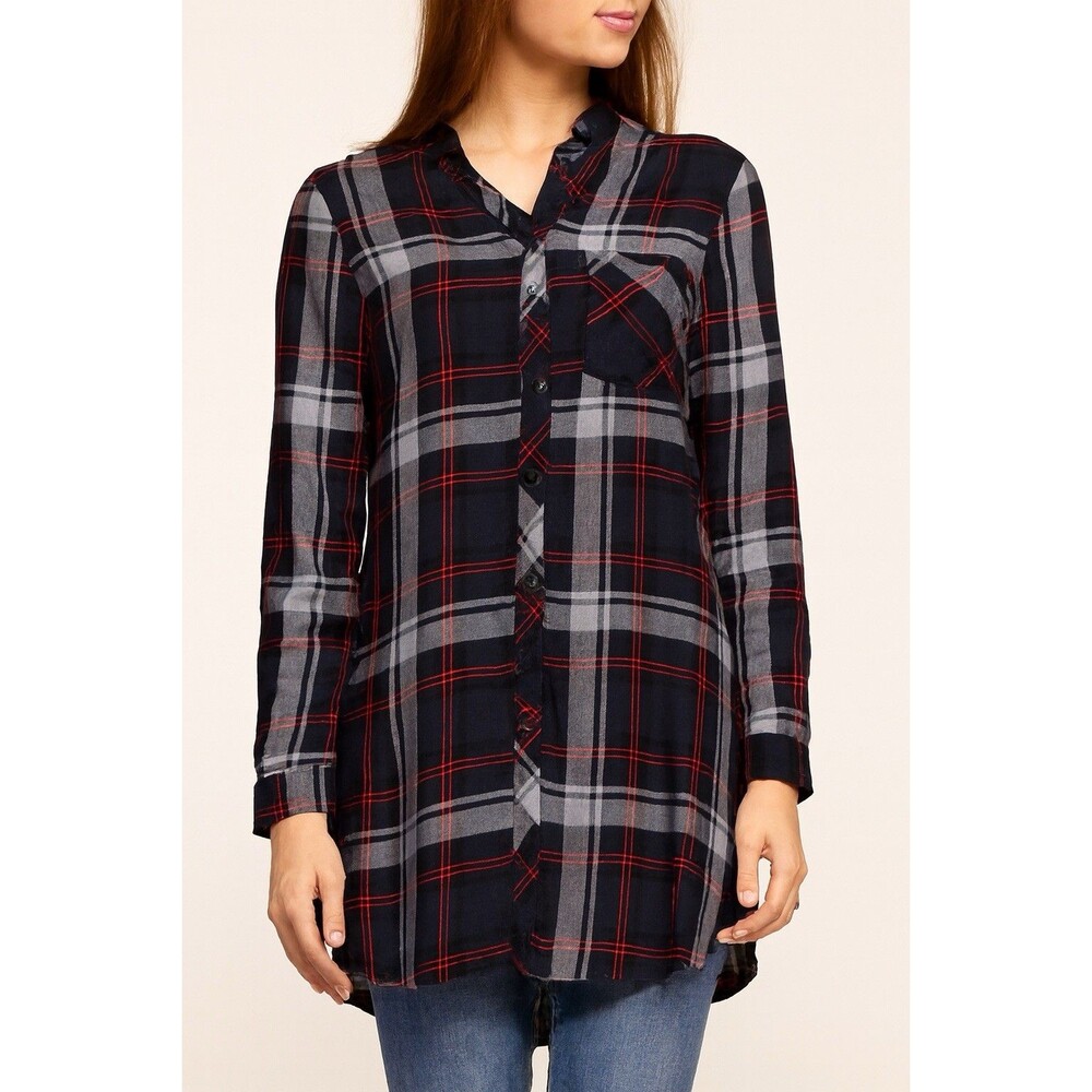 Terra & Sky Womens Shirt Plus Sz 1X Rayon Blue Plaid Up Button Sequin Collar